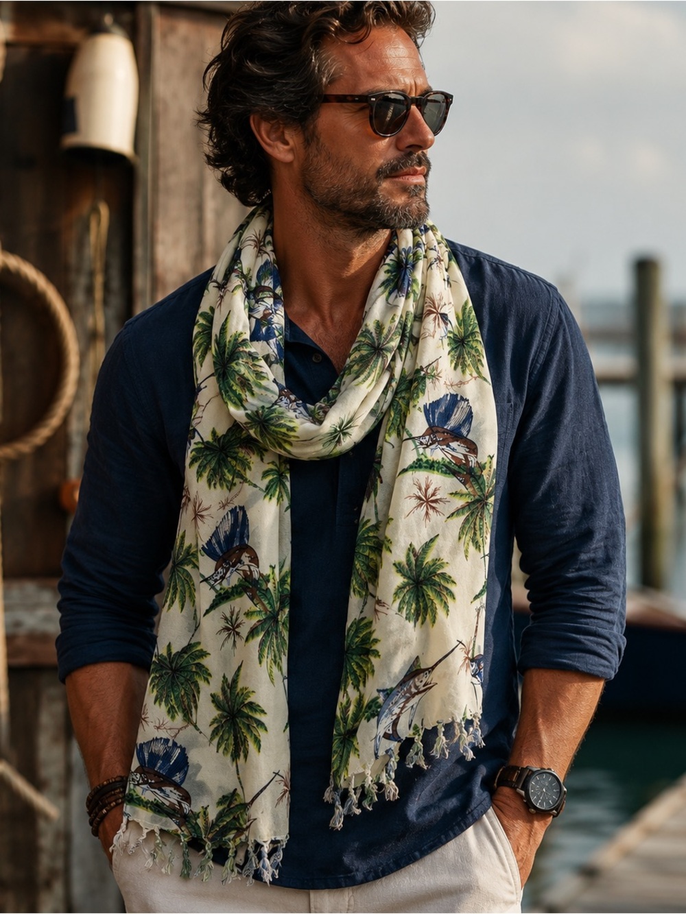 Guy Harvey 100% Rayon Tropical Marlin Palm Tree Fringe Scarf Wrap 40x62